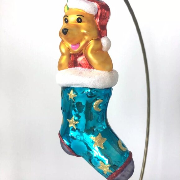 Rare Christopher Radko Disney WINNIE THE POOH Teal Blue Stocking Glass Ornament - Picture 5 of 9